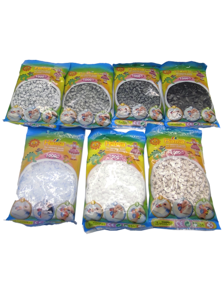 HAMA BEADS - PACK Colores GRISES tamaño MIDI (5mm). 7 x 1000 piezas en bolsitas (blanco - grises - negro)